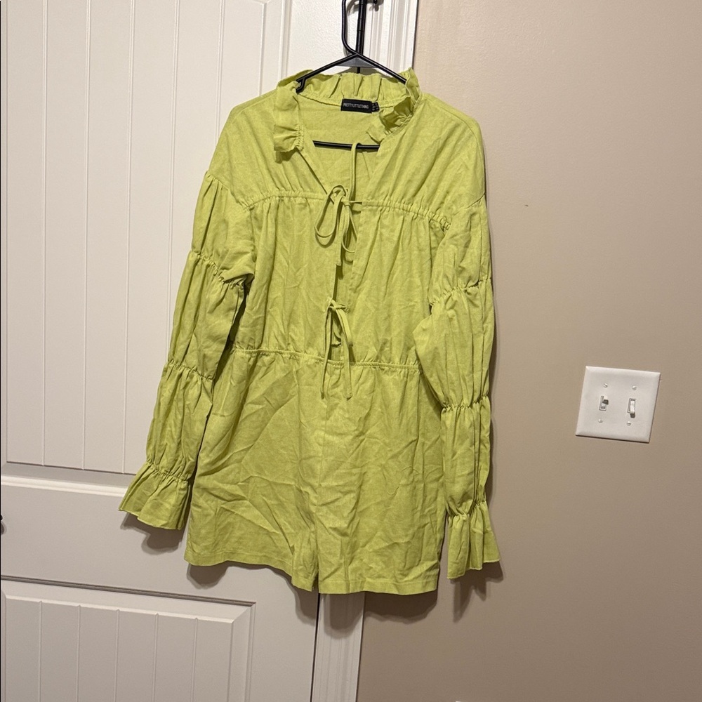 Lime Green Tie-Front Ruffle Long-Sleeve Romper